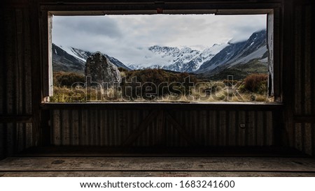 Aoraki/Mt Cook National Park / New Zealand - 17 September 2016: View from the Stocking Stream day shelter on the Hooker Valley Track in Aoraki/Mount Cook National Park