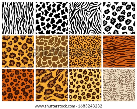 Animal seamless pattern set. Mammals Fur. Collection of print skins. Predators Camouflage. Cheetah Giraffe Zebra Leopard Holstein cattle Snake Jaguar. Printable Background. Vector illustration. Royalty-Free Stock Photo #1683243232