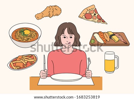 A woman is sitting at a restaurant table and waiting for food. Food icons. hand drawn style vector design illustrations. 