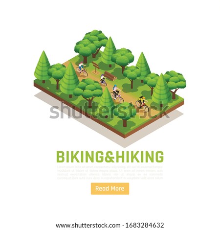 Biking and hiking isometric nature landscape  with family on country walk in forest vector illustration