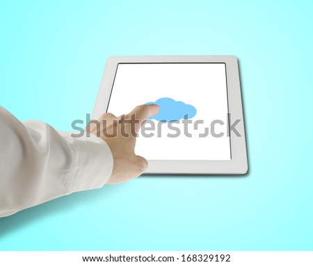 Hand touching cloud shape icon on tablet in green background, cloud computing concept