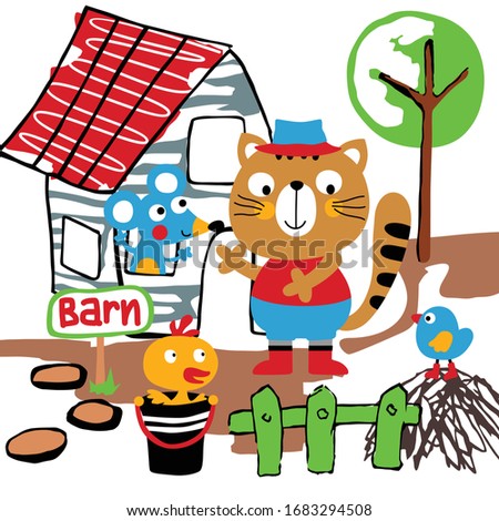 cat and friends in the farm,funny animal cartoon,vector illustration