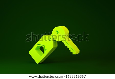 Yellow House with key icon isolated on green background. The concept of the house turnkey. Minimalism concept. 3d illustration 3D render