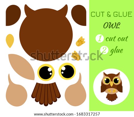 Cut and glue owl. Color paper application game. Educational paper game for preschool children. Cartoon character. Flat vector stock illustration.