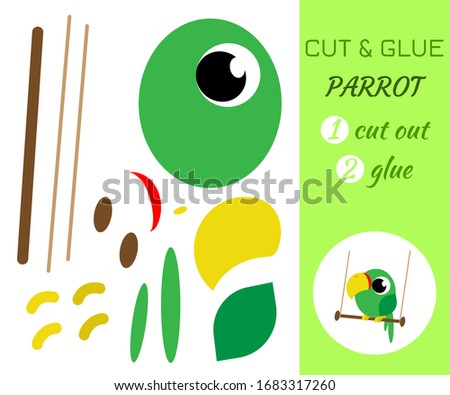 Cut and glue parrot. Color paper application game. Educational paper game for preschool children. Cartoon character. Flat vector stock illustration.