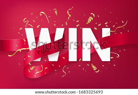 You win celebrating banner template with text, red ribbon and sparkles golden confetti and serpentine on red background. Realistic 3d style. Vector illustration. Royalty-Free Stock Photo #1683325693