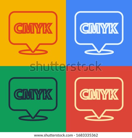 Pop art line Speech bubble with text CMYK icon isolated on color background.  Vector Illustration