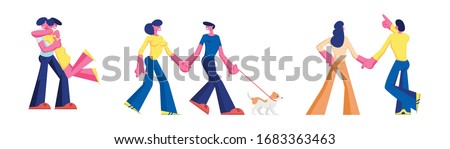 Set of Loving Couple Characters Romantic Relations. Man Holding Woman on Hands, Hugging and Show Stars. Happy Lovers Dating, Walk with Dog. Romance Love Feelings. Cartoon People Vector Illustration