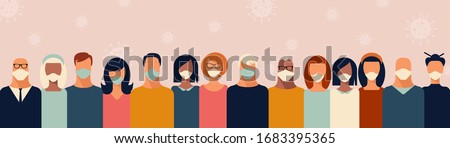 Group of Young People Wearing Medical Face Mask to Prevent Coronavirus Surrounded with Bacterial Air. Stay Home Be Safe. Vector Illustration of Covid-2019 Royalty-Free Stock Photo #1683395365