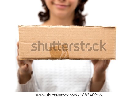 girl with a box on a white background