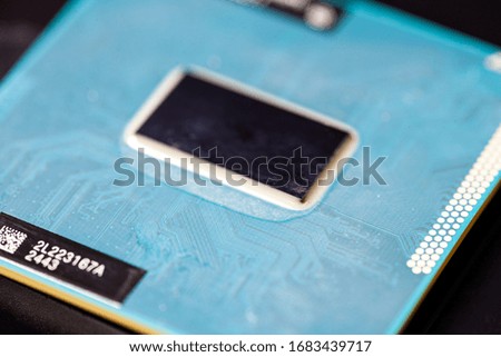 Processor chip detail with clearly visible construction and functional details of the chip