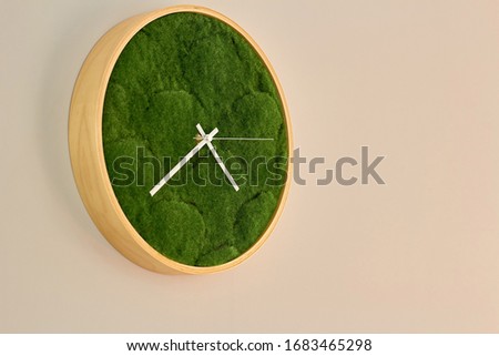 Photo clock on the wall, round wooden clock, dial made of green decorative grass.
