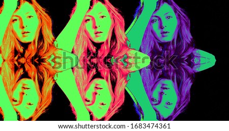 Psychedelic perception portrait of a girl of different colors dancing on a black background