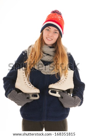 Attractive Dutch woman with ice skates isolated over white background