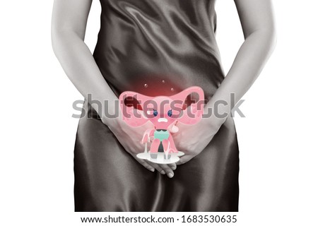 The cartoon of uterus is on the woman's body. Endometrium illustration. Health concept isolate on white background