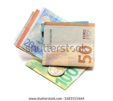 Euro banknotes with change, cash money and coins isolated on white background