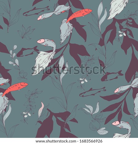 Fish in a thicket of algae on a grey color background. Seamless vector pattern. Underwater life. Goldfish in the aquarium. Hand made ink drawing.
