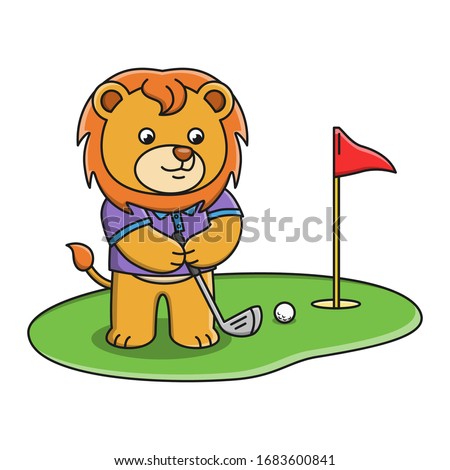 Vector illustration of a cartoon lion playing golf
