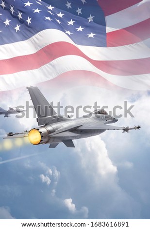 F-16 Fighting Falcon military jets (models) fly through clouds with American flag Royalty-Free Stock Photo #1683616891