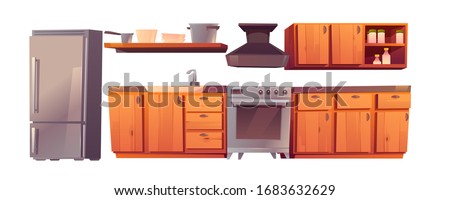 Kitchen rustic appliances and western wooden furniture set. Table, oven, range hood, refrigerator and utensil. Equipment for cooking isolated on white background, Cartoon vector illustration, clip art