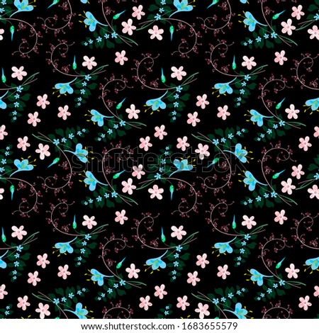 Seamless floral pattern of pink and blue flowers, inflorescences collected in a brush, different bright beautiful print on a black background for the design of silk fabric, scarfs, hijab.