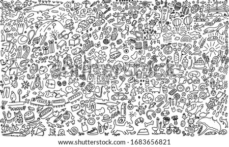 Vector sketchy line art Doodle cartoon set of objects and symbols on the fantasy world.