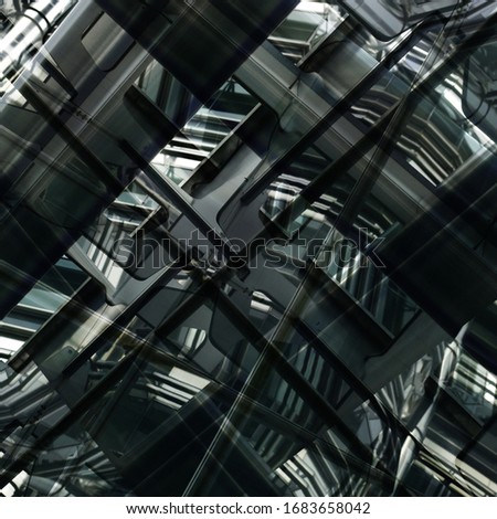 Double exposure of indusrial building with girders and windows. Abstract modern architecture background. Elements of all-over glazing. Geometric pattern of steel framework in diagonal composition.