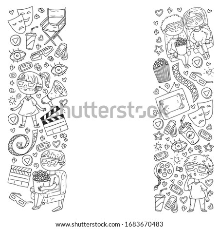 Coloring page. Online internet cinema pattern with vector icons for wrapping paper, posters, banners, leaflets. 3d movie, tv, musical.