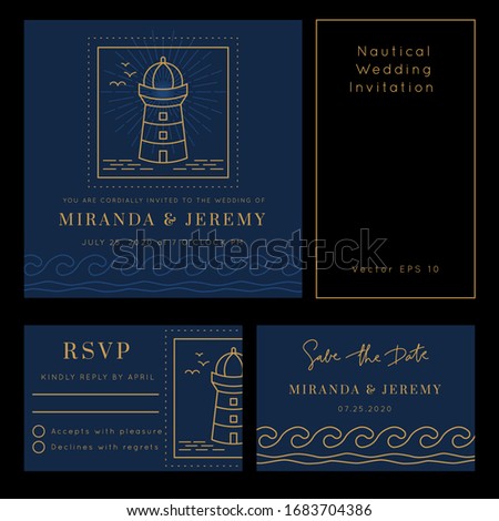 Nautical Wedding vector template.Boat sailor theme.Invitation in Classic vintage style.Elegant sea invite card overlay in gold and navy blue colors.