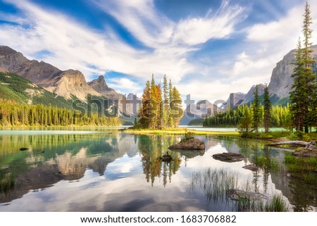 Spirit Island, Maligne Lake, Jasper National Park, Canada. Idyllic landscape Royalty-Free Stock Photo #1683706882