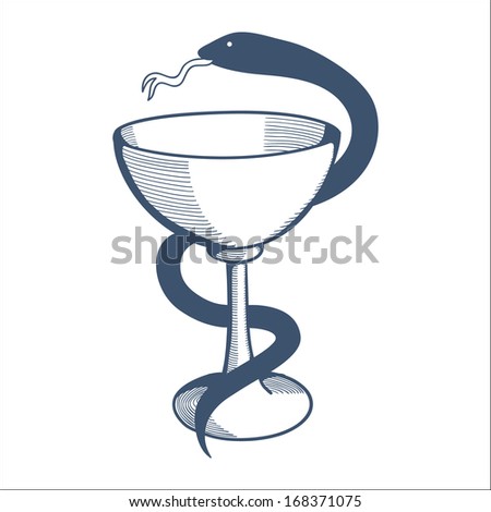 Medical emblem with goblet and snake. Sketch vector element for medical or health care design