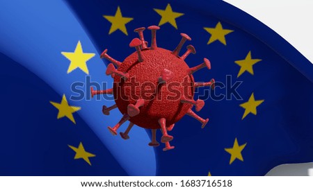 Coronavirus Covid-19 outbreak and coronaviruses influenza background as dangerous flu strain cases as a pandemic medical health risk concept with disease cell as a 3D render. Europe flag background.