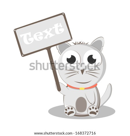cute cartoon cat with orange collar and big eyes with a sign