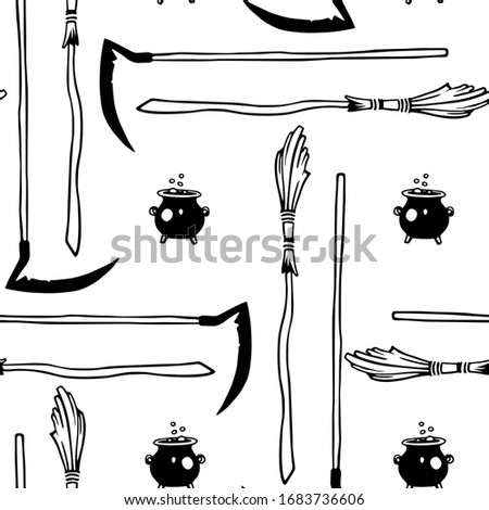 Vector seamless pattern with hand drawn witch tools. Ink drawing, medieval epidemic gloomy scene. Beautiful design elements, perfect for prints and patterns.
