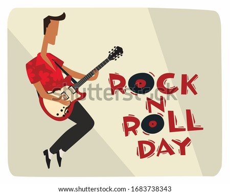 Postcard Rock and roll day. Stylish vintage guy with a guitar
