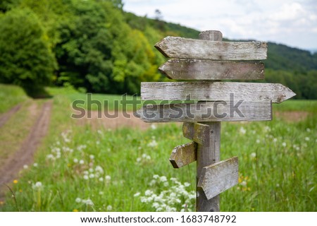 old weathered and mossy signpost with path and forest landscape in the blurred background Royalty-Free Stock Photo #1683748792