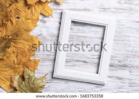 Blank rectangular photo frame lies on vintage wooden desk with bright autumn foliage. Flat lay with autumn leaves on white wooden surface. Simple white picture frame with copy space for design.