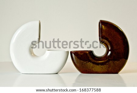 Israeli ceramic pair in white and brown tones: two vases of 1950-th years. Unusual forms, glazed surfaces, contrast colors. Symbolizes couple: He and She; brother and sister, bride and groom etc.
