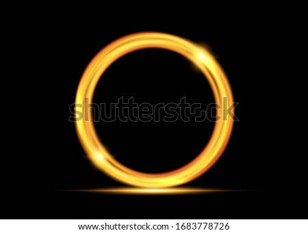 Vector magic gold circle frame. Glowing fire ring trace. Golden swirl trail effect on black background. Bright luxury round ellipse line with flying flash lights
