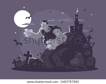 Frankenstein cartoon character. Ugly dead walk through cemetery. illustration