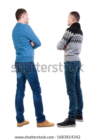 Back view two man in sweater. Rear view people collection. backside view of person. Isolated over white background.