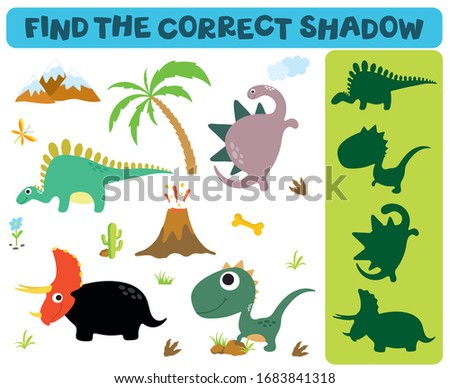 Find the correct shadow: Adorable dinosaurs isolated on white background. Dinosaur footprint, Volcano, Palm tree, Stones, Bone, Grass and Cactus.