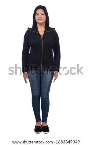 full portrait of woman standing on white background,