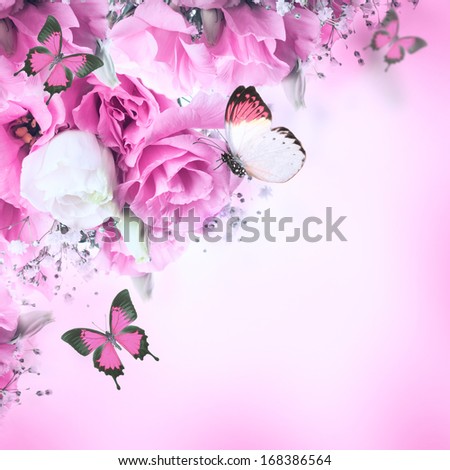Bouquet of pink roses and butterfly, floral background