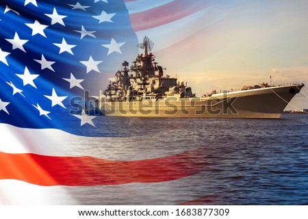 The Navy of the United States of America. Warship on the background of the American flag. Protection of the state's Maritime borders. Participation in armed conflicts on the water. Royalty-Free Stock Photo #1683877309