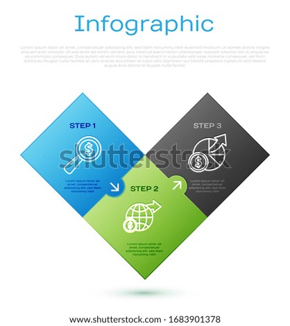 Set line Magnifying glass and dollar, Money and diagram graph and Earth globe with dollar. Business infographic template. Vector