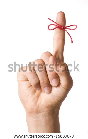 Right hand with reminder string tied to index finger isolated on white Royalty-Free Stock Photo #16839079