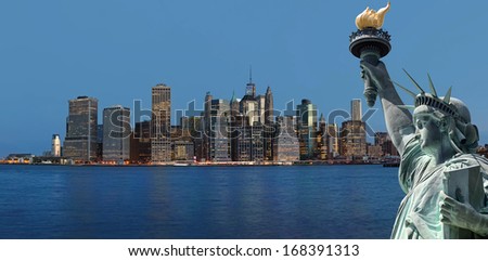 Symbols of New York. Manhattan Skyline and The Statue of Liberty, New York City