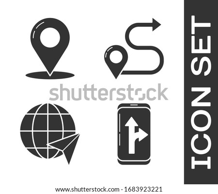 Set Infographic of city map navigation, Map pin, Location on the globe and Route location icon. Vector
