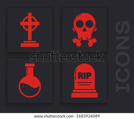 Set Tombstone with RIP, Tombstone with cross , Skull on crossbones  and Bottle with potion  icon. Vector